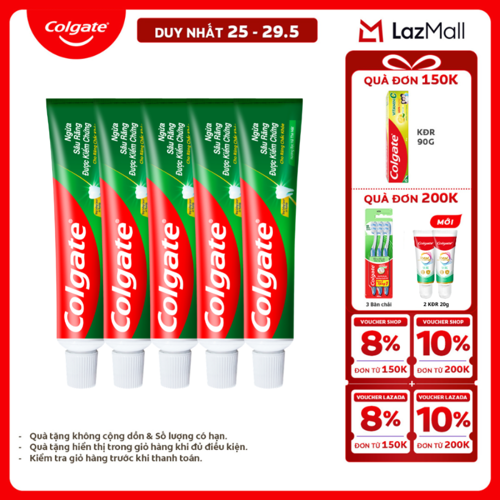 [Chỉ 25-29.5_X2 Voucher giảm 20%] Bộ 5 Kem đánh răng Colgate ngừa sâu răng răng chắc khỏe 100g/tuýp