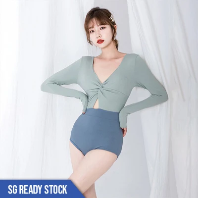 One Pieces Swimwear - Korean One Pieces Swimsuit Long Sleeve Swimwear Plunging Backless Swimming Suit - Grey / Blue
