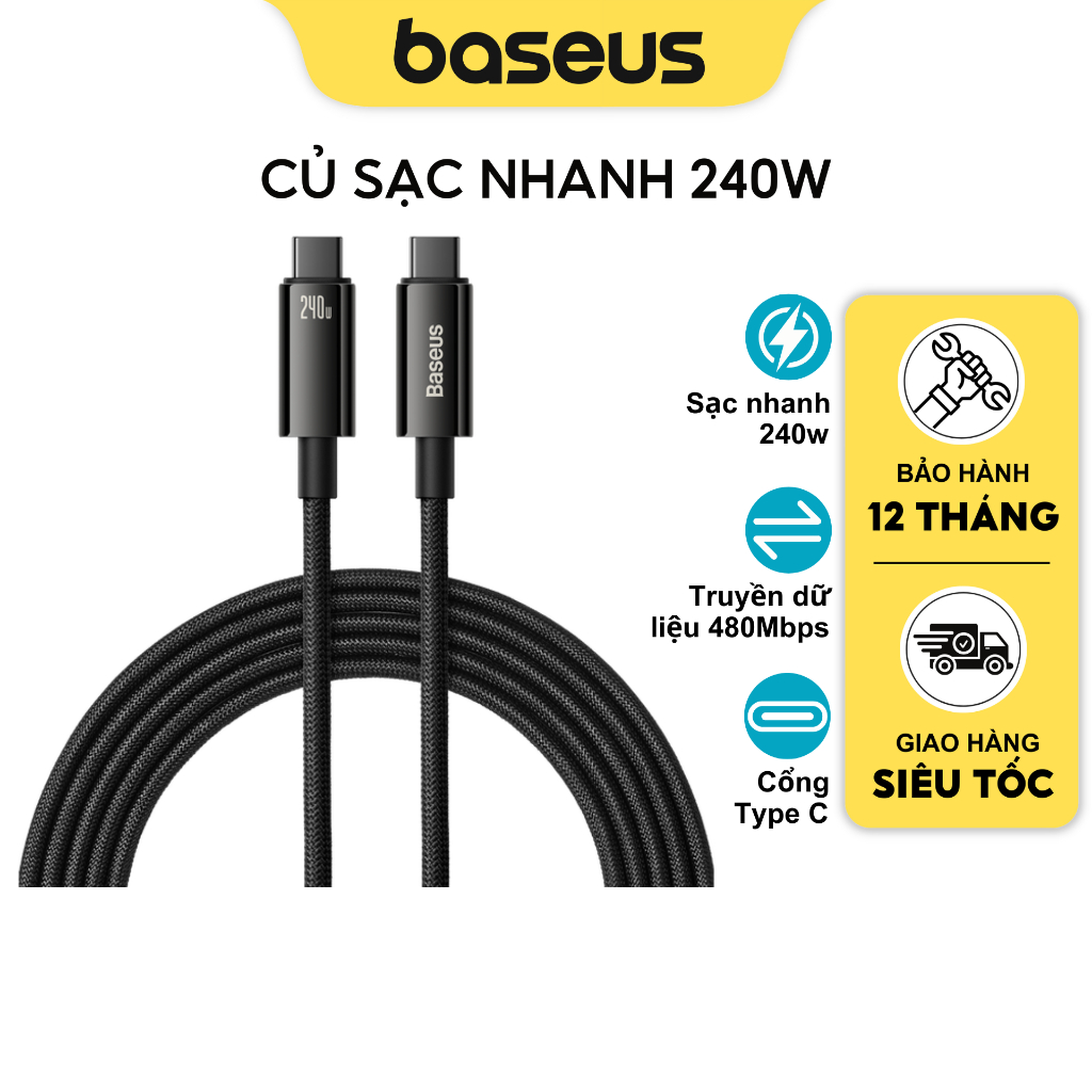 Cáp sạc siêu nhanh type c to type c 240w pd 3.1 baseus tungsten gold cho laptop và điện thoại android