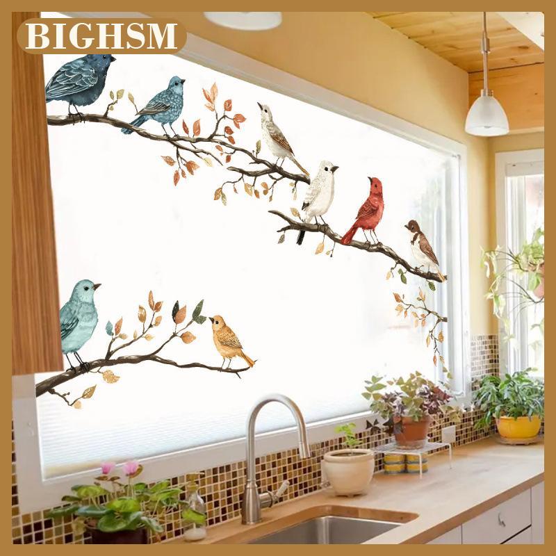 BIGHSM สติกเกอร์ลายนกจำลองสีน้ำสำหรับติดหน้าต่างลอกออกได้สำหรับตกแต่งบ้านห้องนอน1ชิ้น