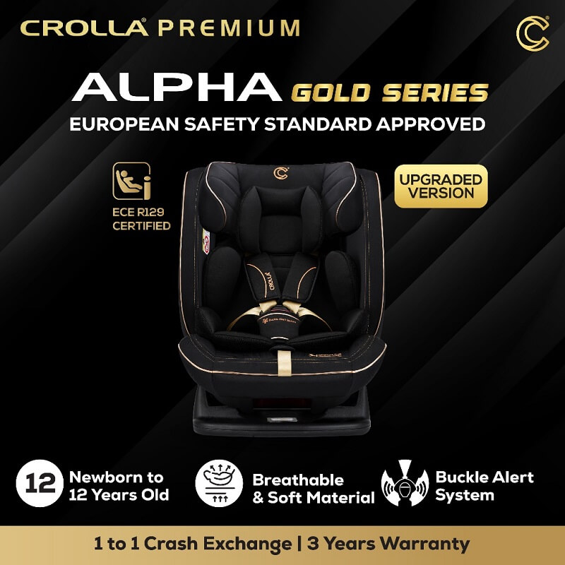 Crolla Premium Alpha R129 Car Seat with Buckle System Alert - Gold (New Born to 25kg)