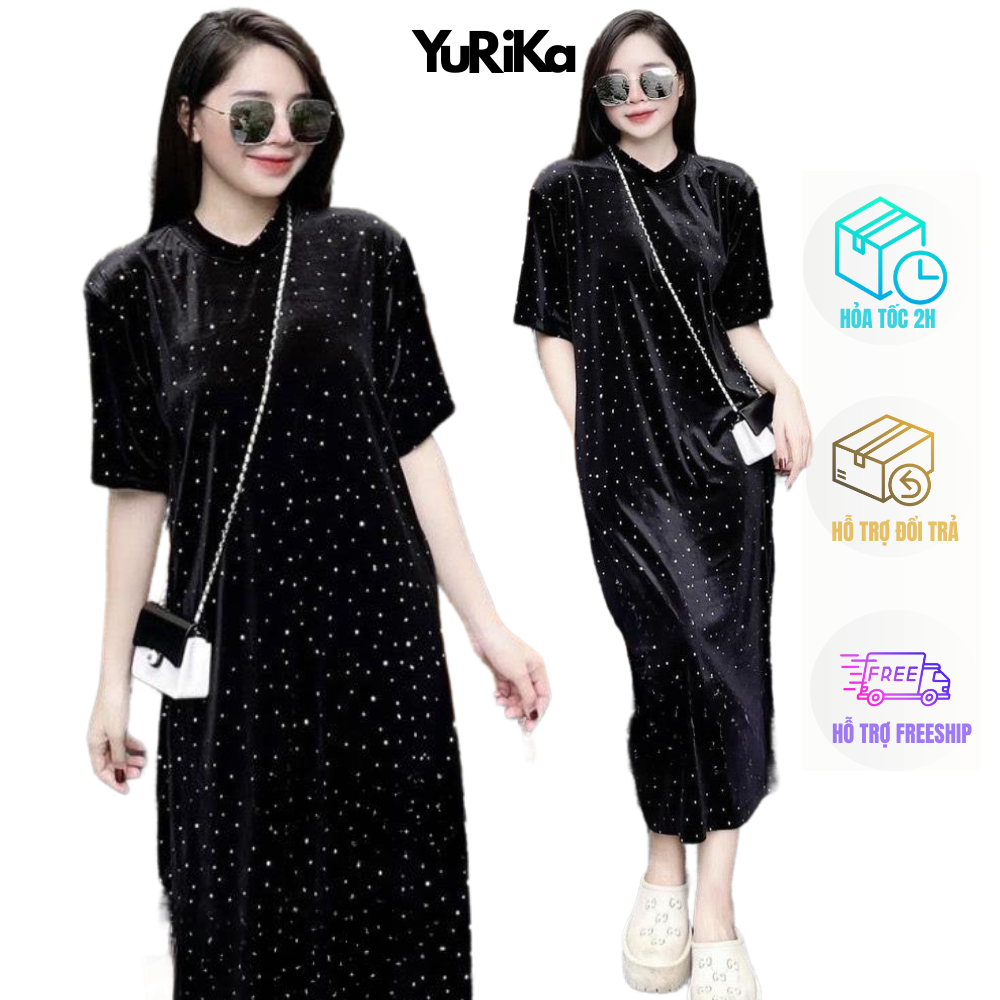 Đầm nhung đính đá CÓ TÚI dáng dài form rộng YuRi - Đầm bầu thời trang dưới 65kg