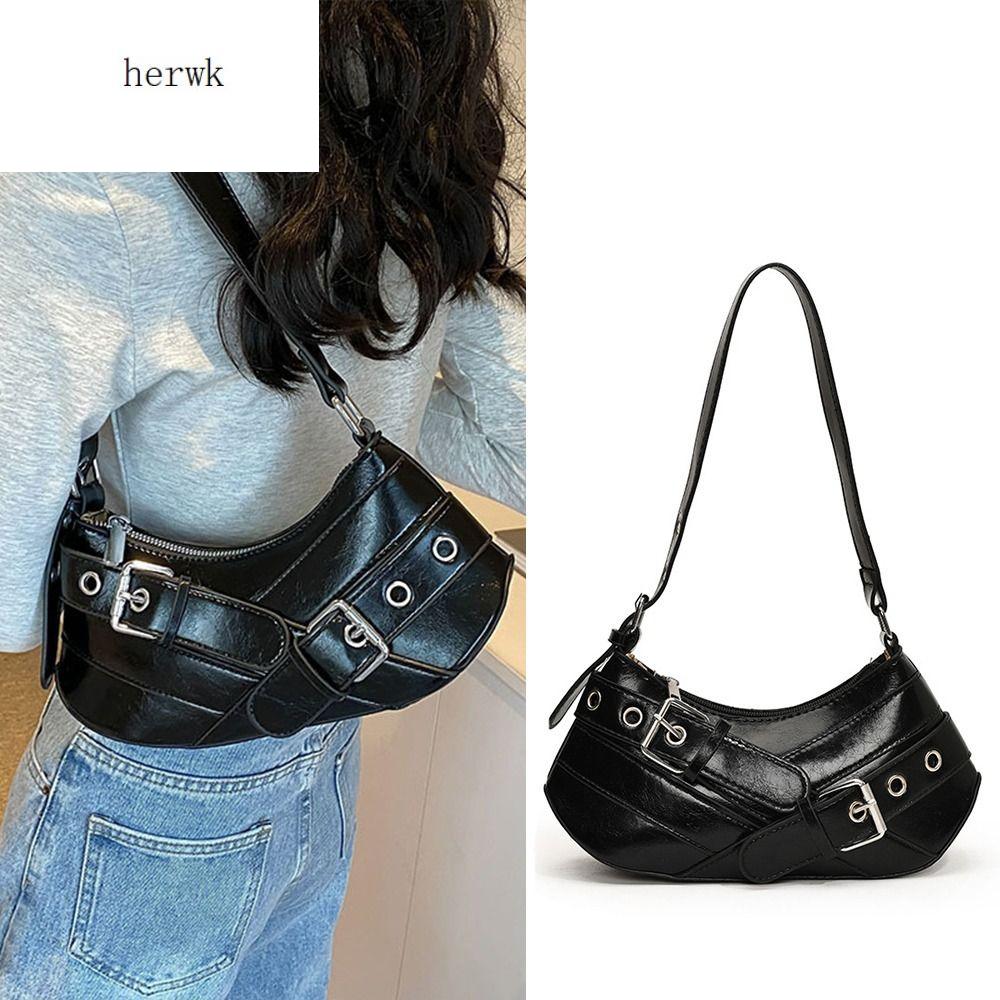 HERWK Thiết kế mới Túi đeo nách có khóa thắt lưng Y2K Harajuku Túi xách nữ CAY Cổ điển Punk Túi đeo vai Y2K Phụ nữ