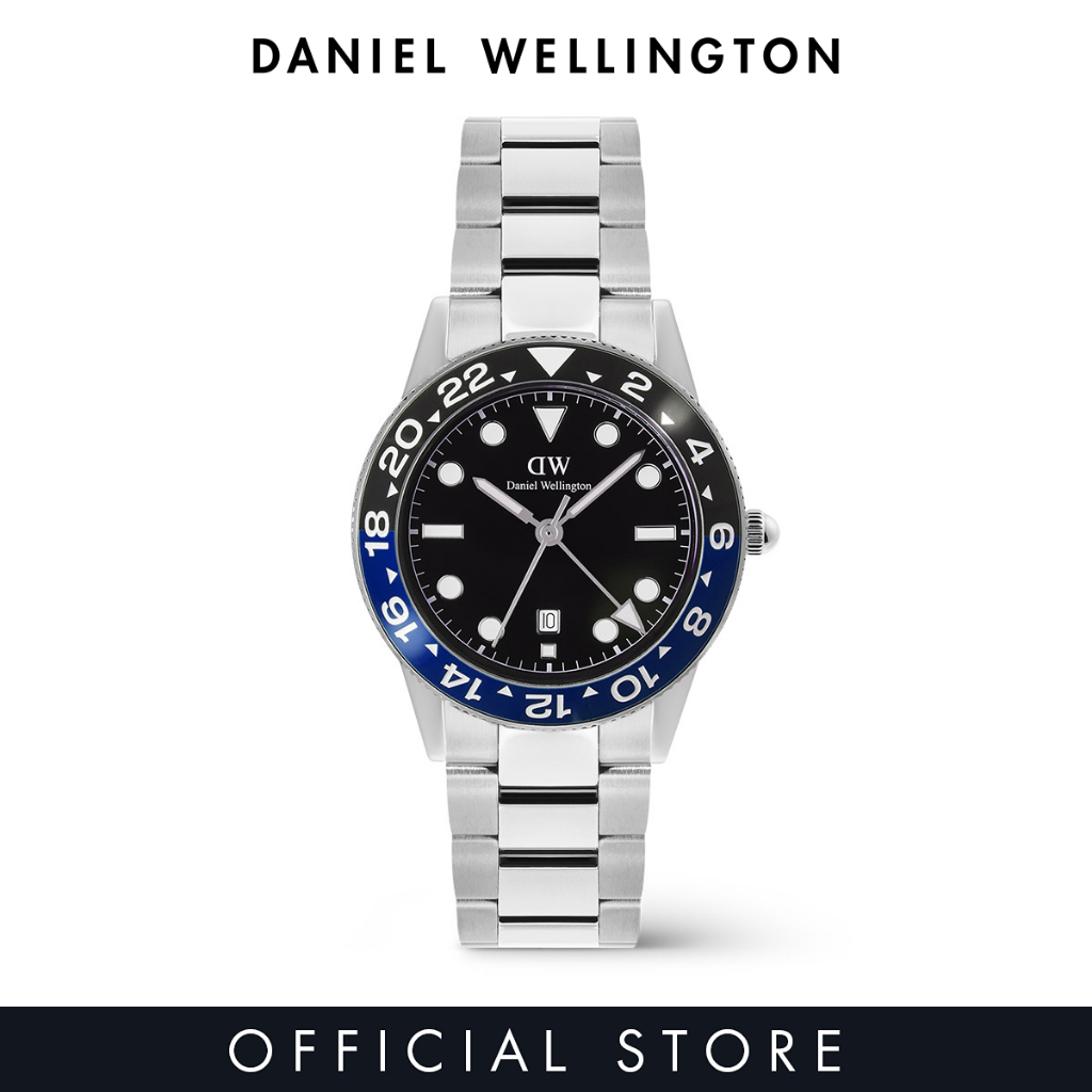 Daniel Wellington Iconic GMT Link 40mm Black Blue Ceramic Bezel Silver - Men Watch stainless steel strap watch DW Official Authentic Original