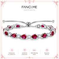 FANCIME ″Glamour Teardrop″ July Birthstone Ruby Sterling Silver Tennis Bracelet Classic Bolo Chain