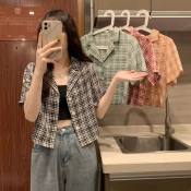 Korean Plaid Short Sleeve Crop Top for Women