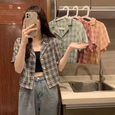 Korean Plaid Short Sleeve Crop Top for Women