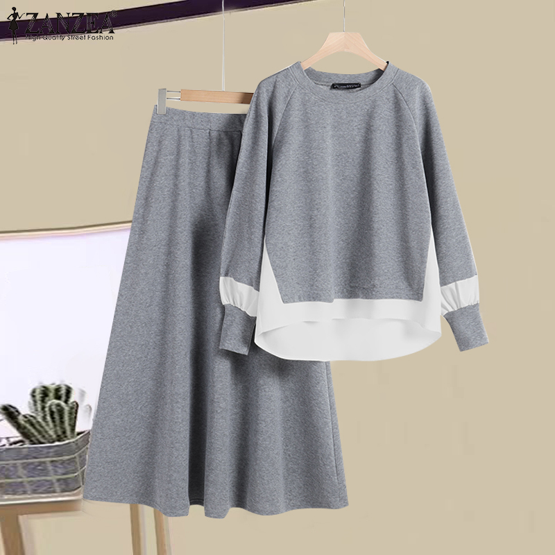 Hijabfab ZANZEA trang phục hai mảnh cho nữ hai mảnh giả Tay áo dài áo chui đầu A-line váy dài Bộ giải trí #0224