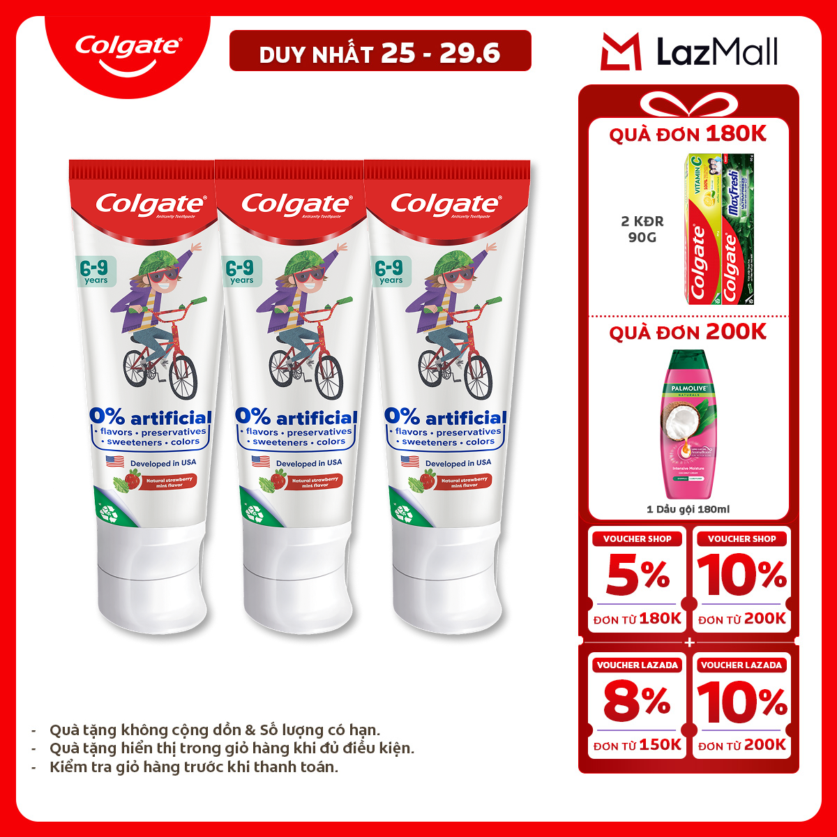 [Chỉ 25-29.6_X2 Voucher giảm đến 20%] Bộ 3 Kem đánh răng Colgate Kid Free From dành cho trẻ em 6-9 tuổi không hương liệu và chất bảo quản 80g