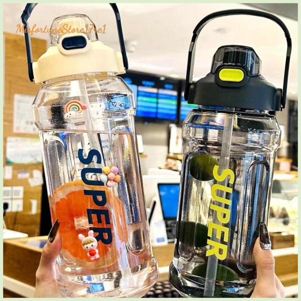 MISFORTUNESTORE17RE1 1300ml/2000ml Chai nước Di động Chống rò rỉ Cốc nước thể thao Ngoài trời Nhựa Cốc có ống hút Học sinh nam nữ