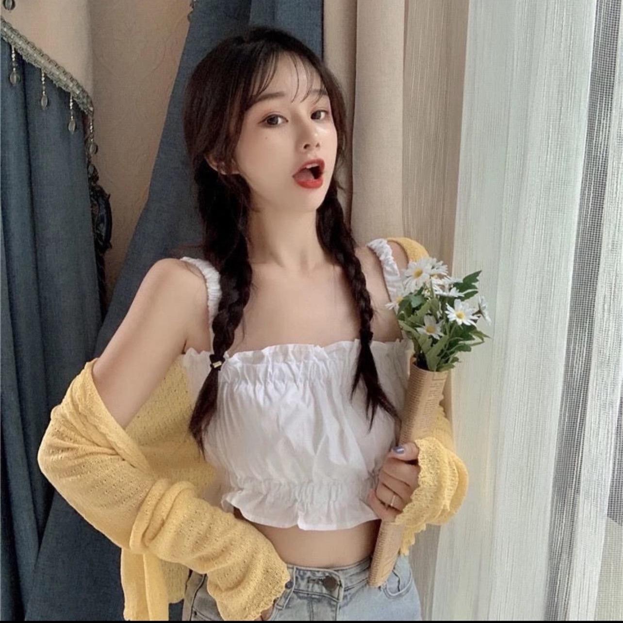 Áo hai dây nữ áo croptop phối bèo chun eo xinh xắn tiểu thư bánh bèo mã 03