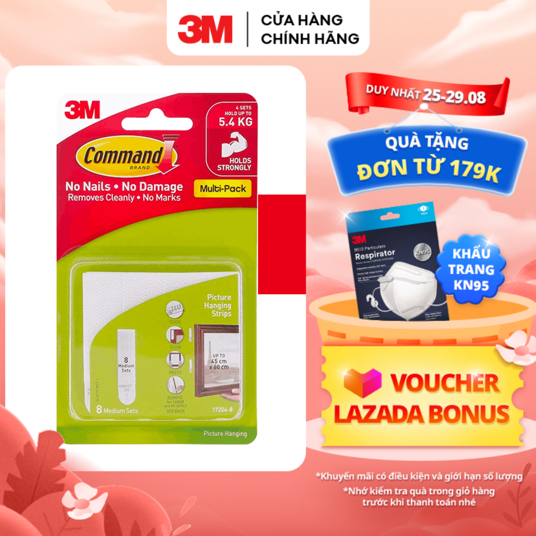 Bộ 8 Miếng dán treo tranh 3M™ Command™, 17206, độ bền cao, bám cực chắc, tải trọng 5.4kg, Dùng treo tranh