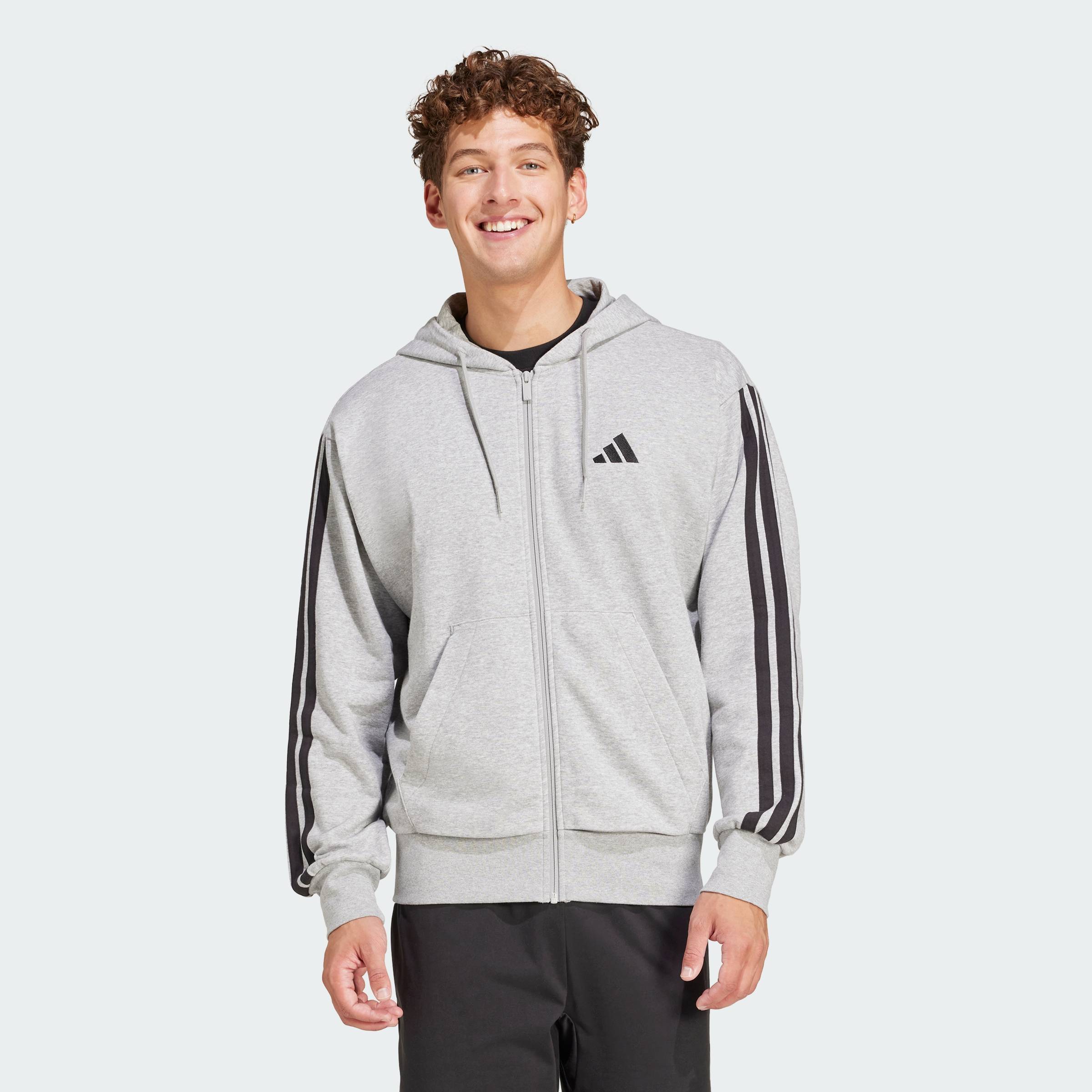 [CHỈ 25-30.9-MUA 2 GIẢM 25%] adidas Phong cách sống Áo Hoodie Khóa Kéo Vải Thun Da Cá 3 Sọc Essentials Nam Xám JE6338