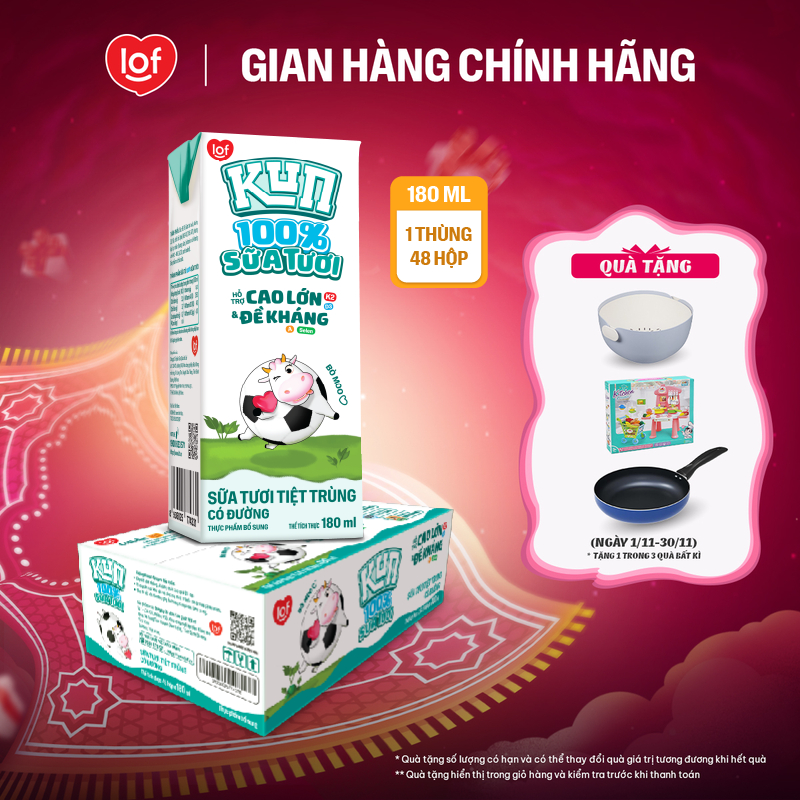 100% sữa tươi KUN có đường thùng 48 hộp x 180ml