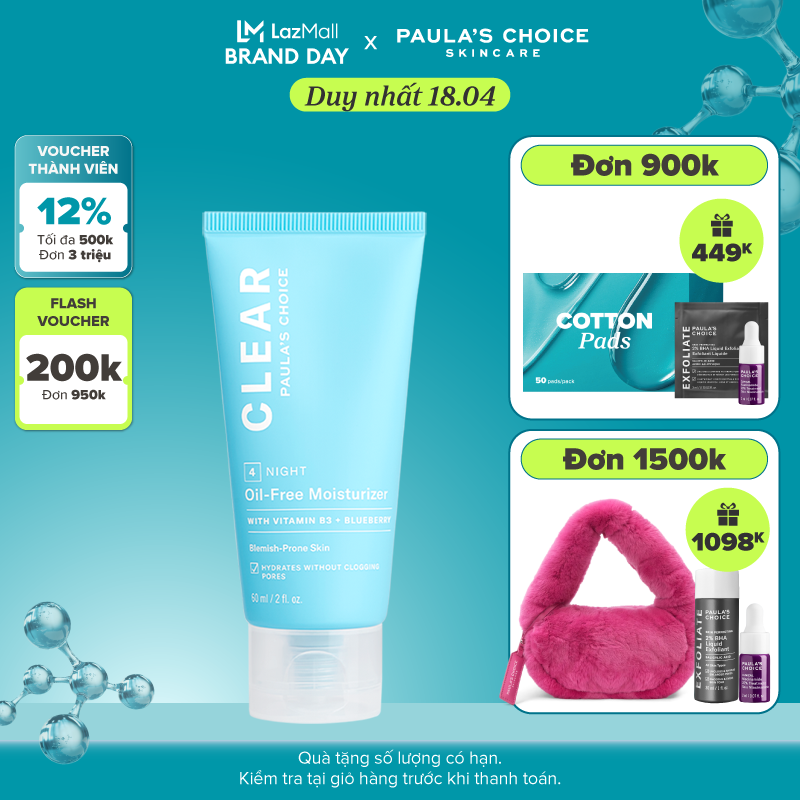 Kem Dưỡng ẩm dịu nhẹ không chứa dầu dành cho da mụn Paula’s Choice Clear Oil-Free Moisturizer 60ml- 3800