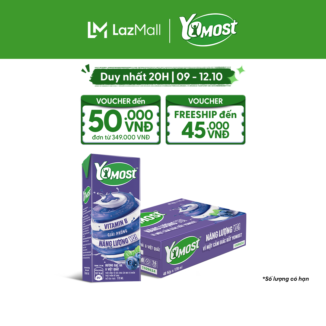 Thùng 48 Hộp Sữa Chua Lên Men Tự Nhiên Yomost Hương Bạc Hà Và Việt Quất 170ml (48x170ml)