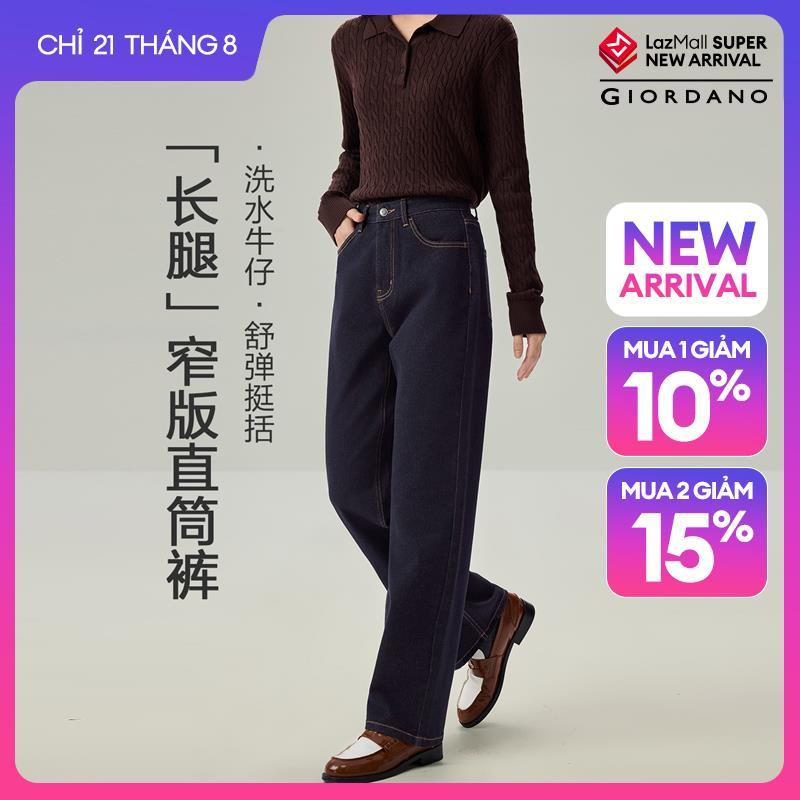 GIORDANO Women Jeans Topstitch Five-Pocket Washed Denim Jeans Mid Rise Straight Leg Fashionable Casual Denim Pants 13416692