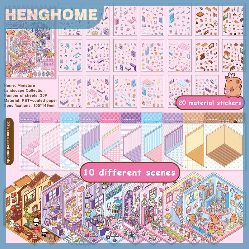 HENGHOME 1 Set New Cabin Scene Pocket Stickers Cartoon DIY 3D Landscape Sticker Book Festival Birthday Gift For Student Kid Child