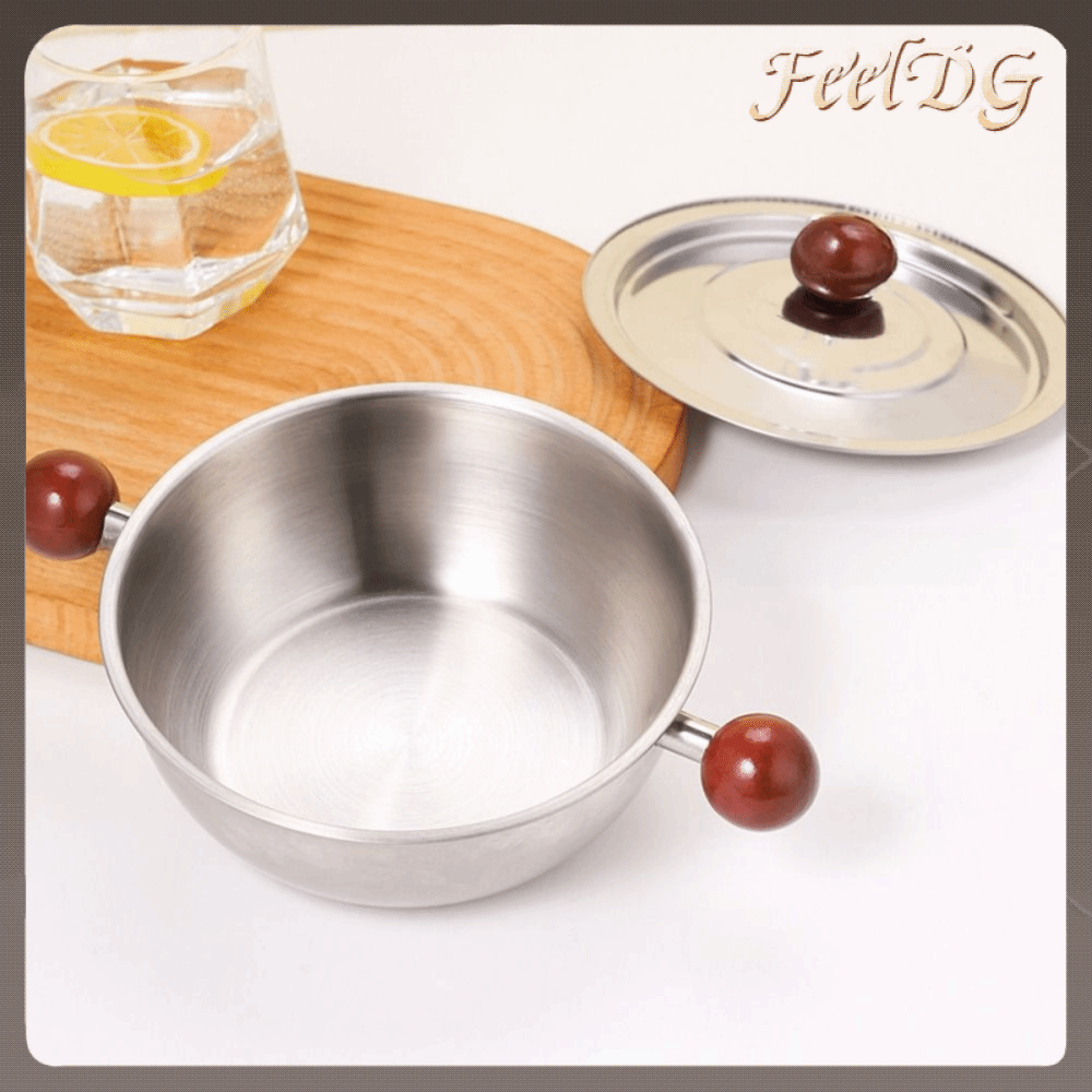FEELDG Thép không gỉ Nồi thức ăn bổ sung Tay cầm bóng gỗ Bạc Nồi mì Đơn giản Tròn Bát salad Công việc nhà