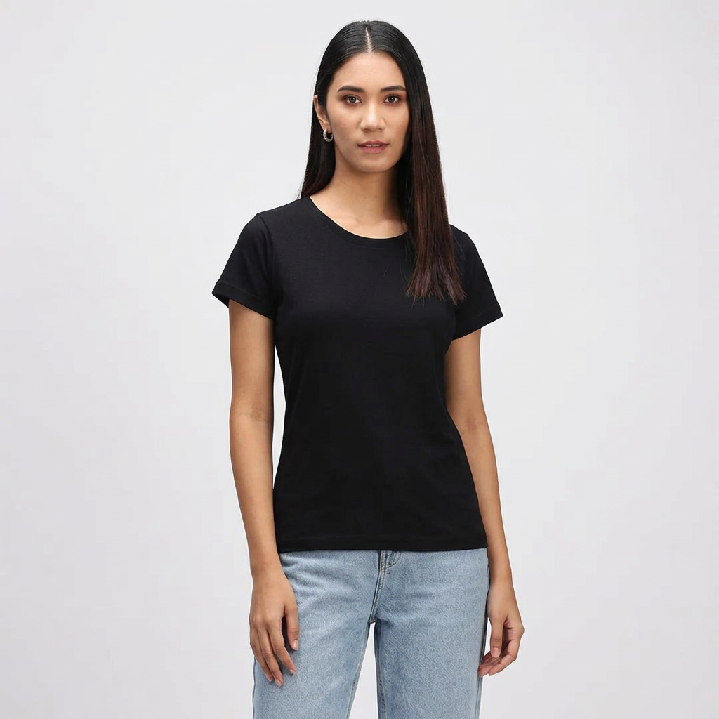 Black Plain Soft Fabric T Shirt For Women and Girls Cotton Casual Comfortable Everyday Wear