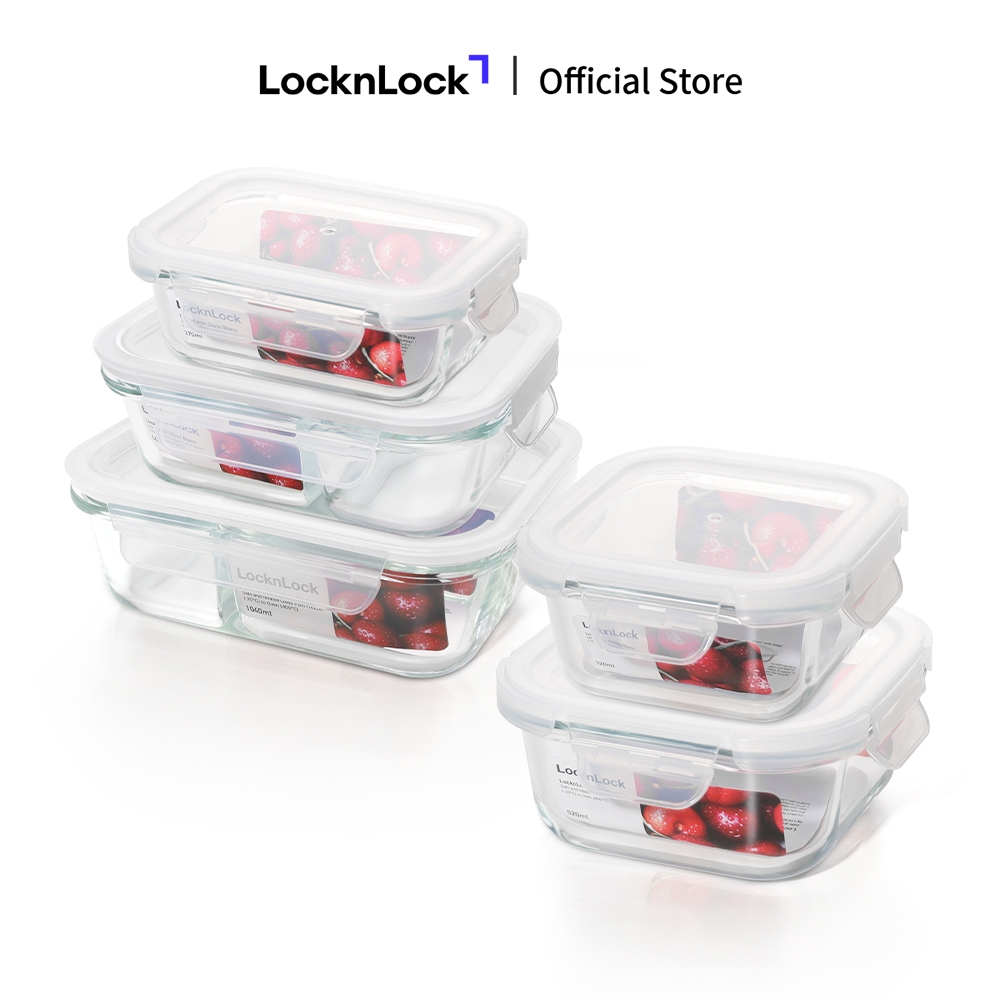 Bộ 5 Hộp Đựng Thực Phẩm Thủy Tinh LocknLock LLG Blanc Glass Food Container 320ml  370ml  520ml  640ml  1040ml