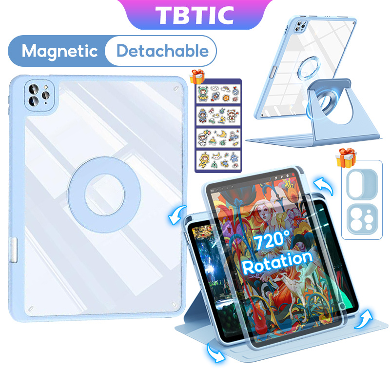 TBTIC 720 ° Rotatable ipad Case Detachable Magnetic Case For iPad Air 6 5 4 10.9 Pro 11 M4 2024 2022 2021 2020 10th 9th 8th 7th Gen 10.2 10.5 With Pencil Holder Slot 720° Rotation Acrylic