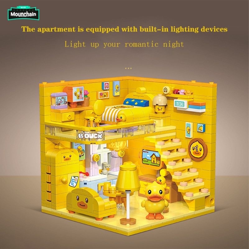 Litter Yellow Duck Duplex Apartment Model Building Blocks DIY Miniature Doll House Toys Ornament With LED Light Gifts For Kids ราคา 491 บาท*ส่งฟรี