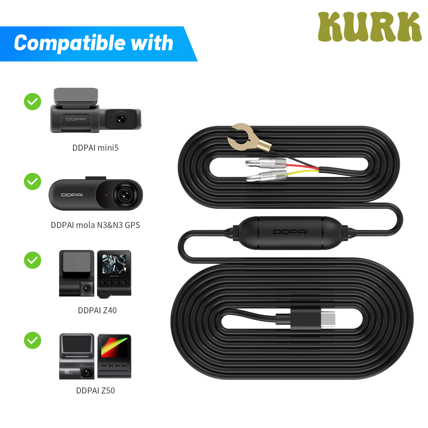 [Kurk] ddpai mini5 Z40 N3 Pro N1 DVR cho xe hơi kép Dash Cam Camera gương cáp sạc