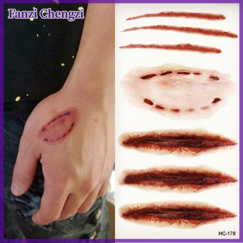 Fanzi 2 Miếng dán hình xăm tạm thời không thấm nước vết thương vết sẹo máu Halloween