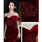 Velvet Sequined Red Evening Dress by 