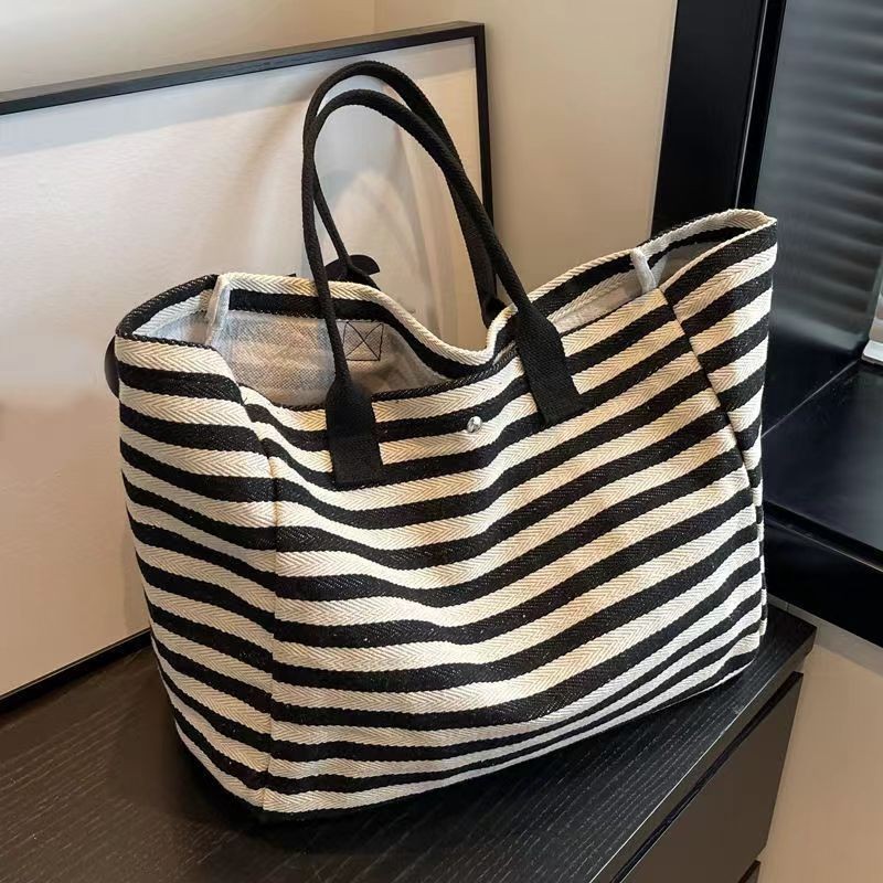  Commuter Canvas Bag Women's Large Capacity Handbag New Style Striped Elegant Personalized Simple All-match Shoulder Mummy Tote 