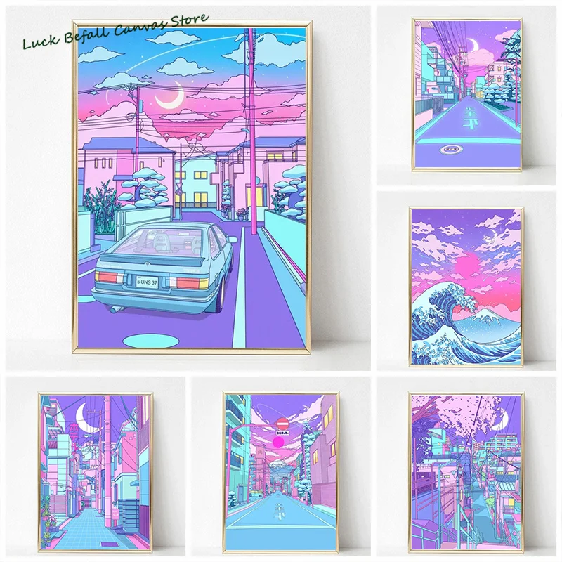 2025 new 80S Neon City Street Vaporwave Canvas Poster Korean Street Moon Anime Decorative Painting Wall Art Prints Kids Kawaii Room Decor