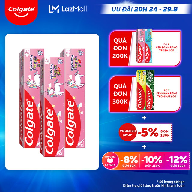 [Ưu đãi 20H 24.8 - 29.8_Áp voucher Colgate 5% + voucher LZD 8%]Bộ 3 kem đánh răng Colgate cho trẻ em kỳ lân Unicorn hương dâu 40g