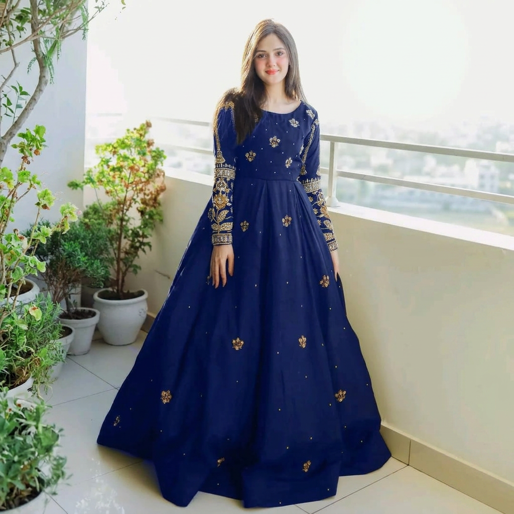 Women Dresses Collection -- Maxi Dresses For Girls Fancy Long Wedding -- Sequence Boti With Thread Zarri Work On Sleeves, Front Body Maxi With Trouser 2 Piece -- Designer Suit -- Ready To Wear -- Women And Girls