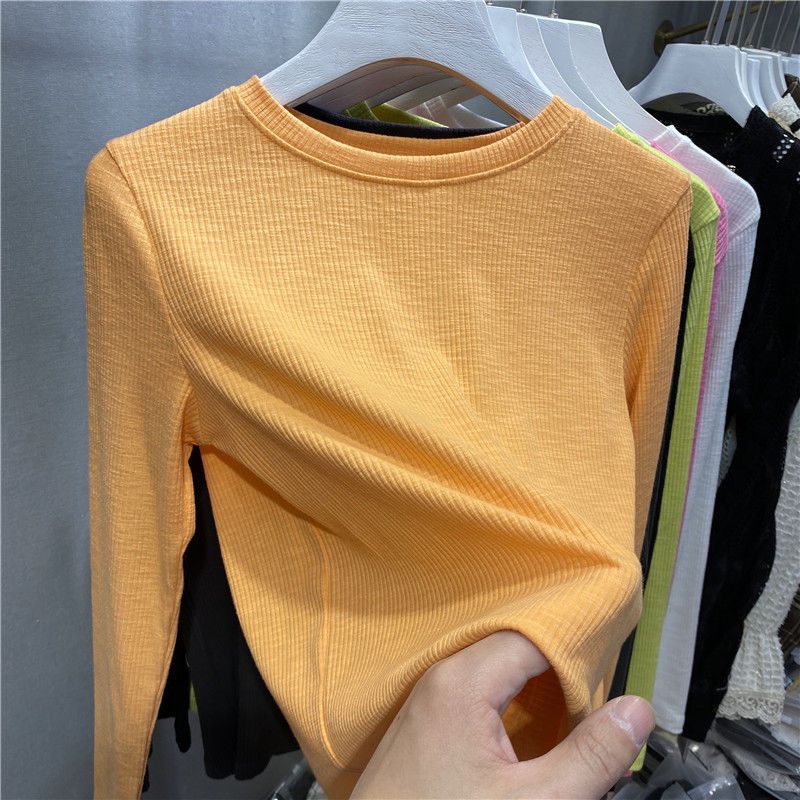 Kẹo màu Threaded dài tay T-Shirt cho phụ nữ 2023 phiên bản Hàn Quốc mới linh hoạt Áo Thun Cơ Bản xu hướng hàng đầu