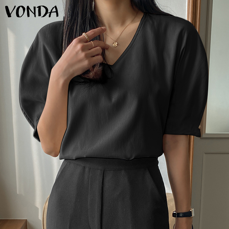 Hijabfab vonda Womens đơn giản V cổ Puff tay ngắn áo màu trơn