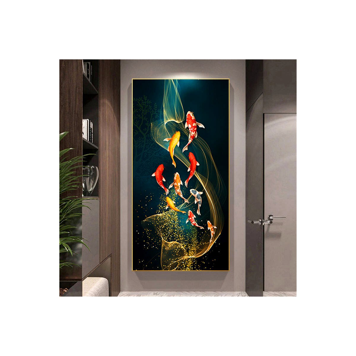 【The-Best】 Chinese Style Koi Fish Canvas Painting Home Wall Decoration Lucky Carp Gift (No Frame)