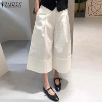 ZANZEA Korean Style Women Summer Office Elastic Waist Solid Color Pants Wide Leg 3/4 Trousers #1008