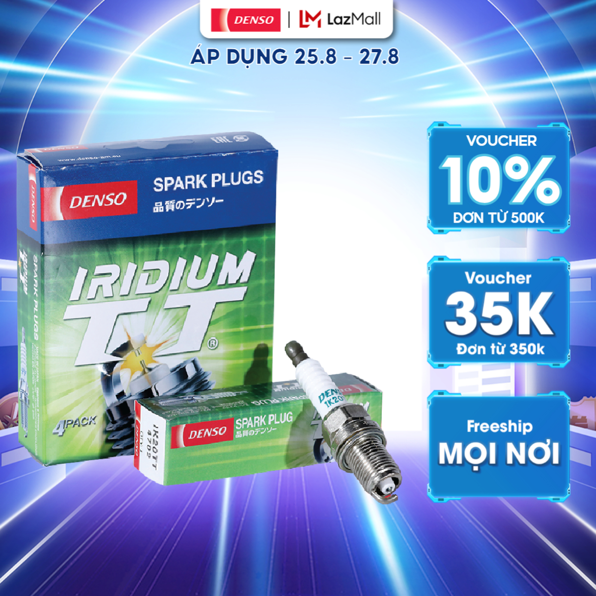 Bộ 4 Bugi Ô Tô IK20TT DENSO Iridium, Hiệu Năng Cao, Dùng Cho Toyota Camry, Land Cruiser; Lexus LS, RX; Honda City, Civic, CR-V, Accord; Mitsubishi Pajero; Suzuki Swift; Hyundai Sonata, Elantra, i30; KIA Sorento, Sportage, Optima; Mã 267700-8530