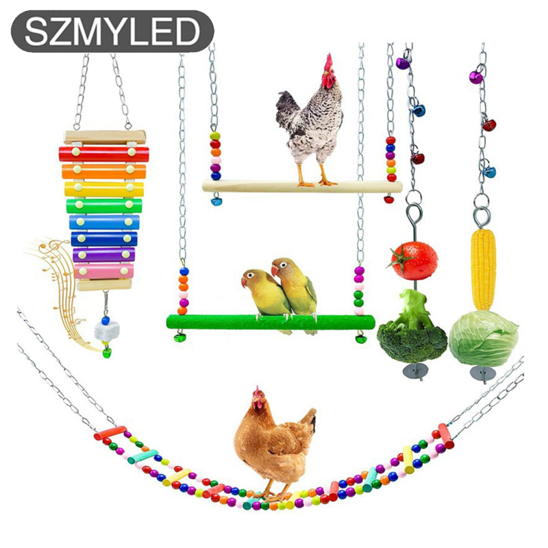 Parrot Natural Wooden Chew Toys Chicken Swing Ladder Vegetable Fruit Hanging Feeder Toys With Metal Hooks