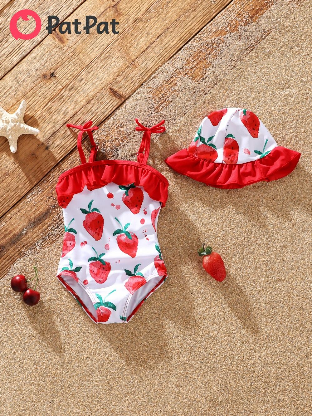 Patpat Đồ bơi in hình dâu tây em bé có mũ dễ thương & trang phục mùa hè chống nắng 0-12 tháng