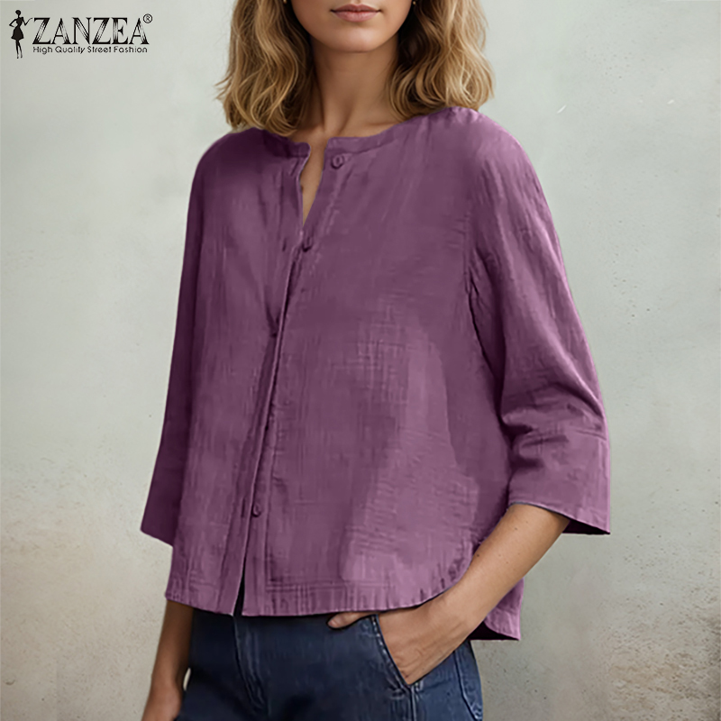 Celmia kiểu cổ điển cho nữ ZANZEA đơn giản Vòng cổ áo sơ mi 3/4 nút tay áo lên Bohemian Top #0915