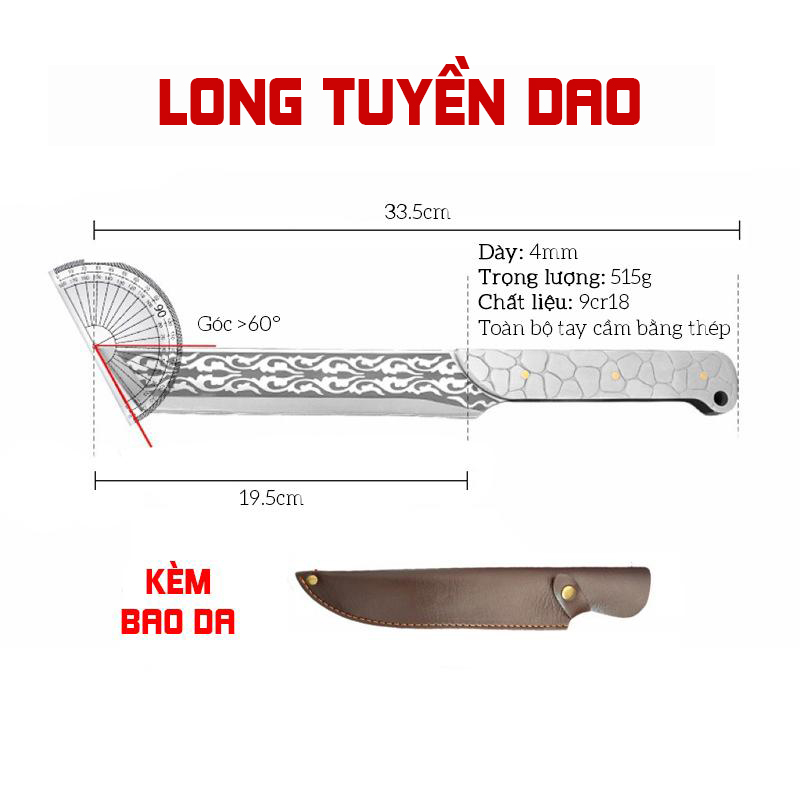 Dao Nhà Bếp Dao Làm Bếp Đa Năng LONG TUYỀN DAO Chặt Thái Thép Nguyên Khối dao dài 33.5cm Có bao da bảo vệ dao