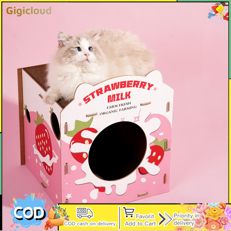 Cat House With Scratcher Pad, 14.8"x14"x17" Cat Cardboard House For Indoor Cats With Side Strawberry Hole, Double-Layer Corrugated Pet Nest For Kittens Small Animals ราคา 746 บาท*ส่งฟรี