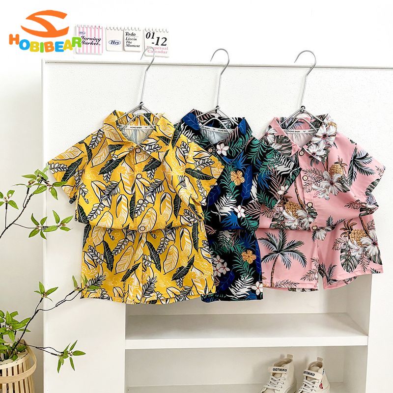 HOBIBEAR Summer Tropical Printing Shirt and Shorts Suit New Loose Water Splashing Festival Two-Piece Set ราคา 120 บาท*ส่งฟรี