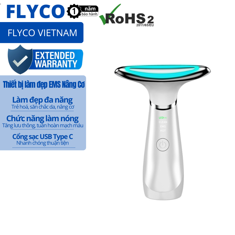 Máy nâng cơ mặt, cổ, máy massage mặt chống nhăn và trẻ hóa làm sạch làn da kích thích sản sinh collagen EMS Flyco - Bảo hành 1 năm - Hàng Chính Hãng