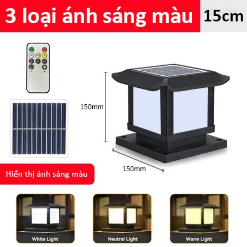 15CM Đèn trụ năng lượng mặt trời 3 màu Đèn năng lượng mặt trời ngoài trời chống nước Đèn cổng sân vườn Đèn tường Led Hàng rào đèn đăn 150A