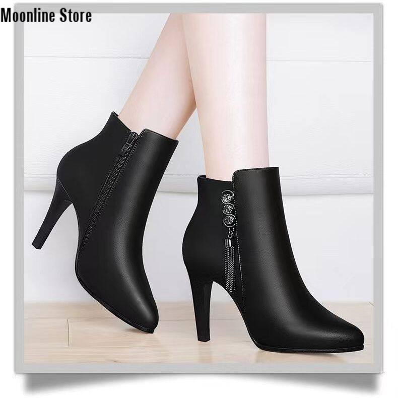 Moonline store bốt da cao gót hình chim gõ kiến bốt nữ cổ ngắn thời trang mới thu đông 2022 bốt martin mũi nhọn gót nhọn bốt da