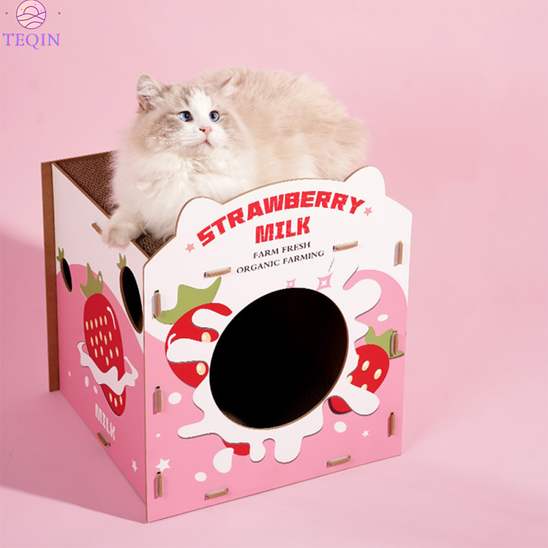 TEQIN Cat House With Scratcher Pad, 14.8"x14"x17" Cat Cardboard House For Indoor Cats With Side Strawberry Hole, Double-Layer Corrugated Pet Nest For Kittens Small Animals ราคา 857 บาท*ส่งฟรี