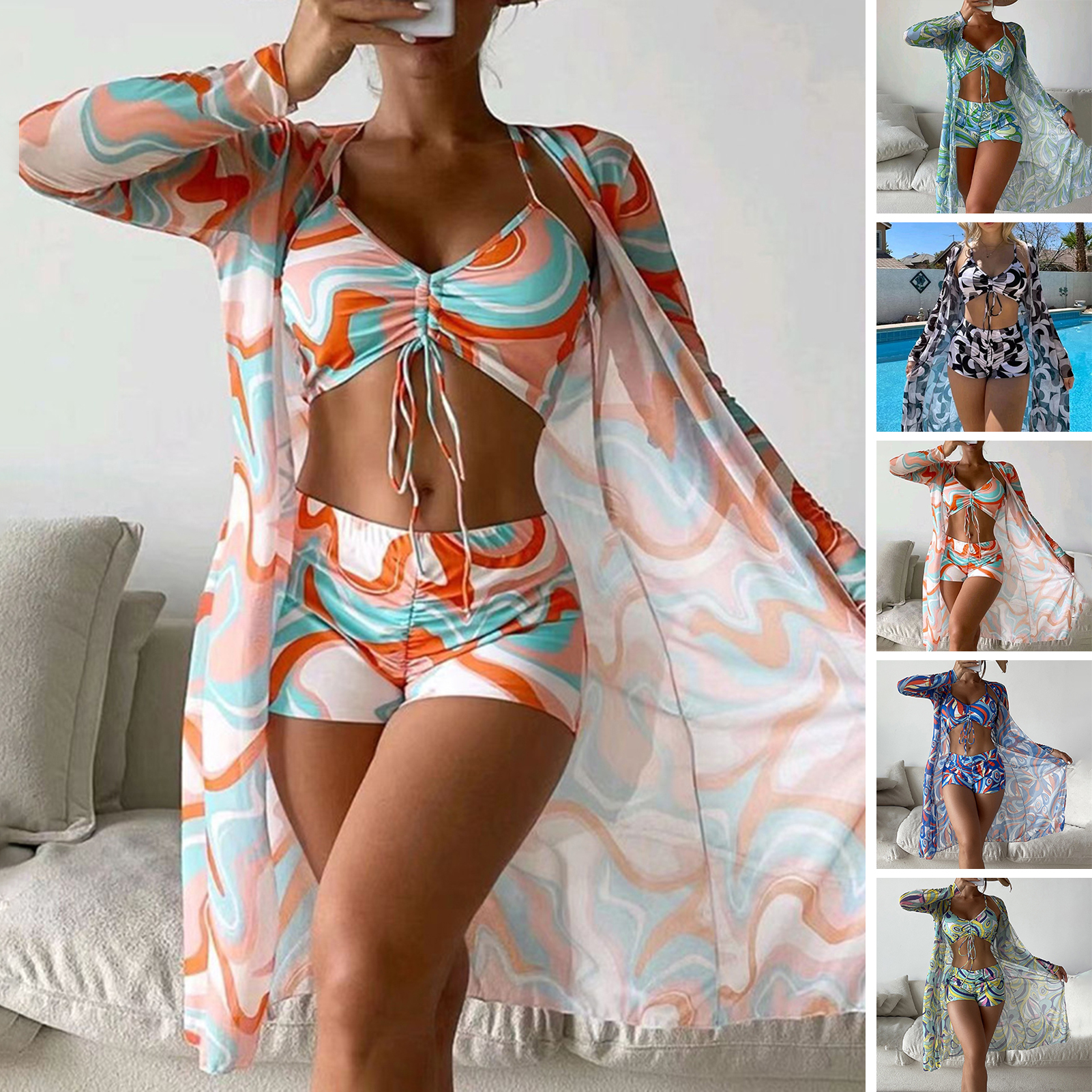 Shemi 3 cái/bộ Sling shirring Bikini Cover up thiết lập eo cao Đai eo đàn hồi Pads in áo ngực quần short tay áo dài Bộ áo len áo tắm Bộ áo len
